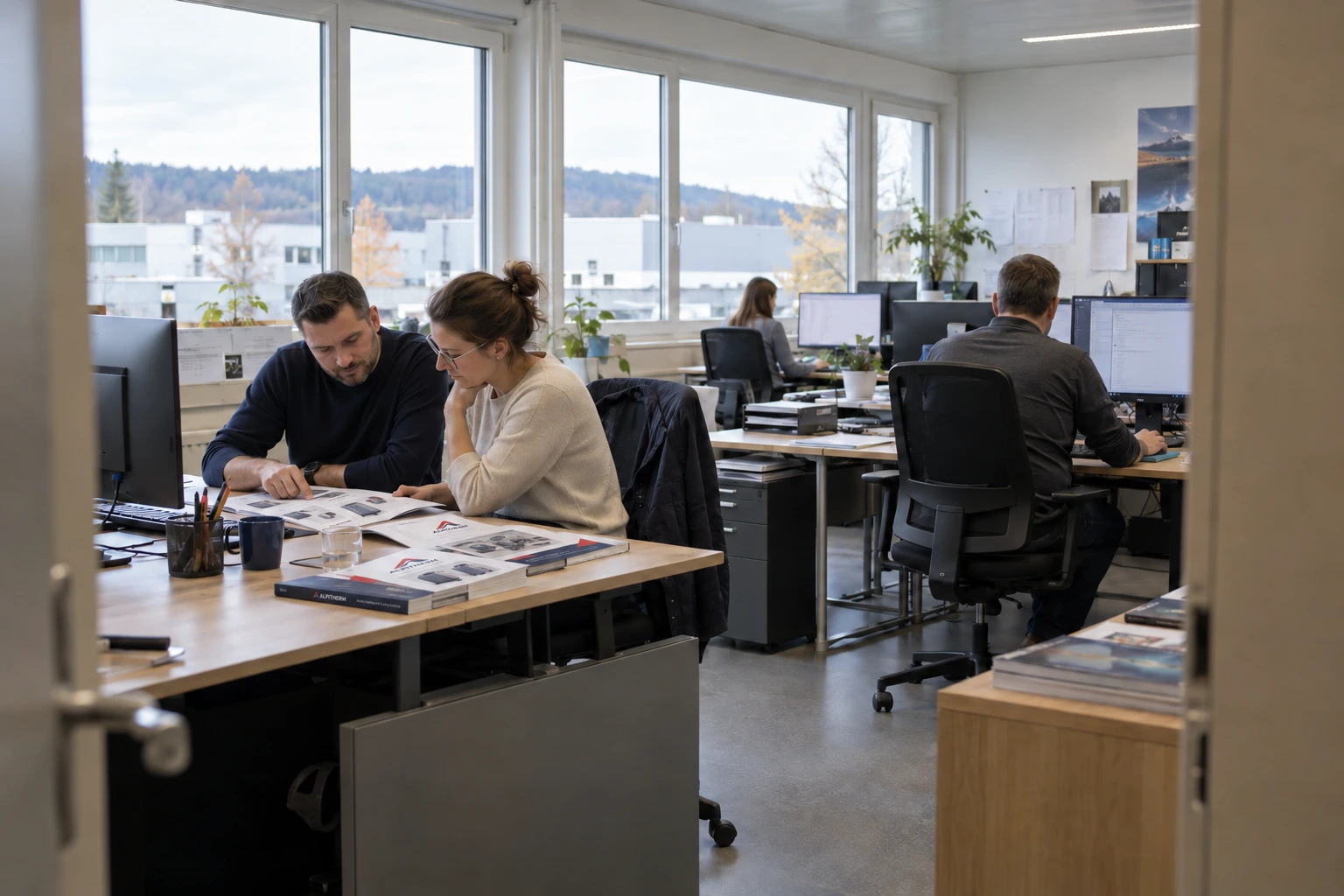 Illustrative scene of colleagues reviewing equipment documents in a shared office